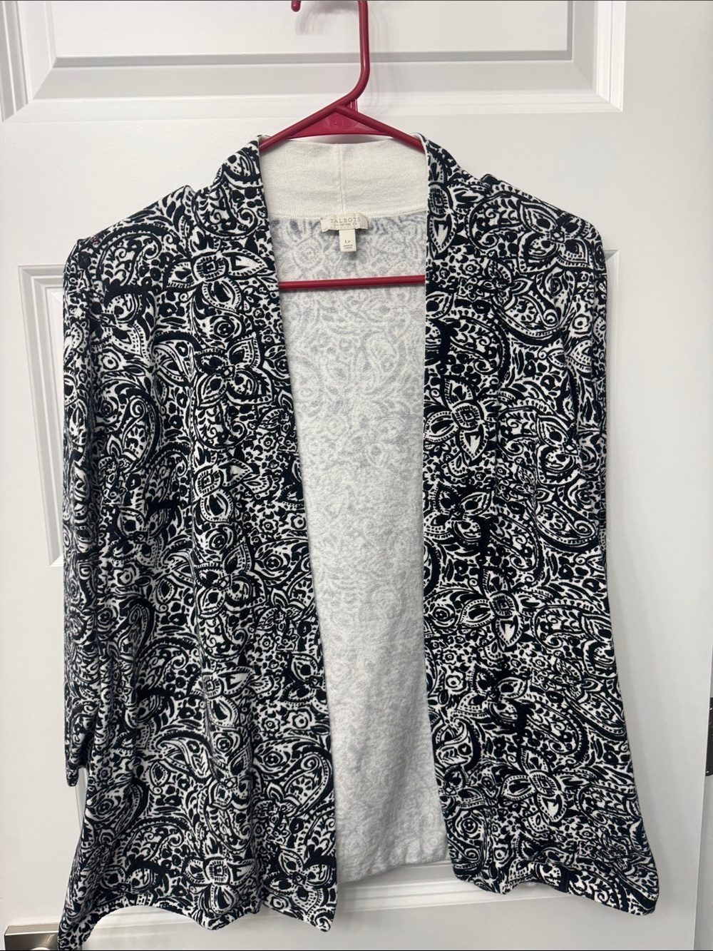 Talbots Black and White Paisley Open-Front Cardigan